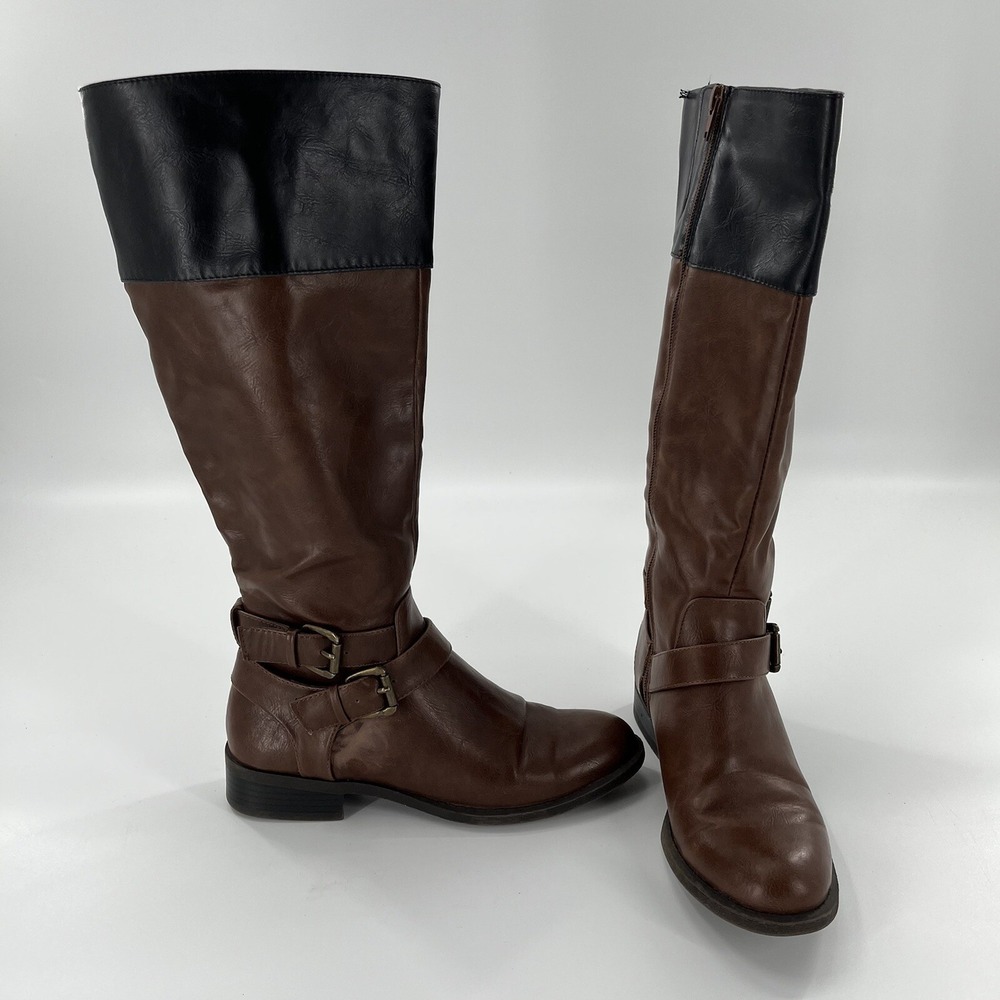 Nine West Riding Boot Women 6.5 M Brown and Black Tall Strap Zip Buckle Leorawm